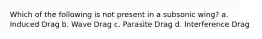 Which of the following is not present in a subsonic wing? a. Induced Drag b. Wave Drag c. Parasite Drag d. Interference Drag