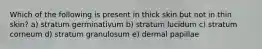 Which of the following is present in thick skin but not in thin skin? a) stratum germinativum b) stratum lucidum c) stratum corneum d) stratum granulosum e) dermal papillae