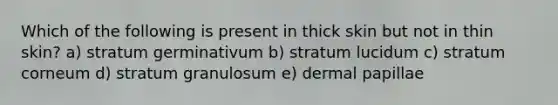 Which of the following is present in thick skin but not in thin skin? a) stratum germinativum b) stratum lucidum c) stratum corneum d) stratum granulosum e) dermal papillae