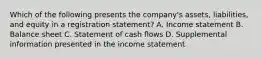 Which of the following presents the company's assets, liabilities, and equity in a registration statement? A. Income statement B. Balance sheet C. Statement of cash flows D. Supplemental information presented in the income statement