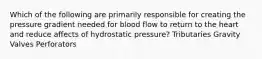 Which of the following are primarily responsible for creating the pressure gradient needed for blood flow to return to the heart and reduce affects of hydrostatic pressure? Tributaries Gravity Valves Perforators