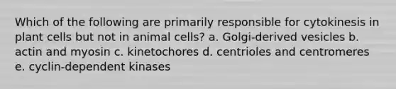 Which of the following are primarily responsible for cytokinesis in plant cells but not in animal cells? a. Golgi-derived vesicles b. actin and myosin c. kinetochores d. centrioles and centromeres e. cyclin-dependent kinases