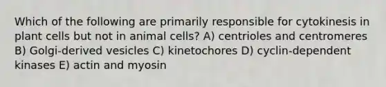 Which of the following are primarily responsible for cytokinesis in plant cells but not in animal cells? A) centrioles and centromeres B) Golgi-derived vesicles C) kinetochores D) cyclin-dependent kinases E) actin and myosin