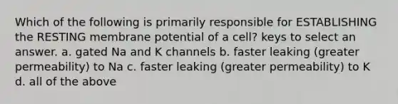 Which of the following is primarily responsible for ESTABLISHING the RESTING membrane potential of a cell? keys to select an answer. a. gated Na and K channels b. faster leaking (greater permeability) to Na c. faster leaking (greater permeability) to K d. all of the above