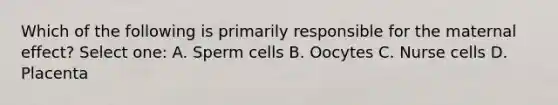 Which of the following is primarily responsible for the maternal effect? Select one: A. Sperm cells B. Oocytes C. Nurse cells D. Placenta