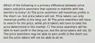 Which of the following is a primary difference between price takers and price searchers that operate in markets with low barriers to entry? A) The price searchers will maximize profits in the short run, but price takers will not. Price takers can only maximize profits in the long run. B) The price searchers will have to search for the price, while price takers will have to take the price determined in the market. C) The price searchers will be able to earn profit in the long run, but the price takers will not. D) The price searchers may be able to earn profit in the short run, but the price takers will not be able to do so.