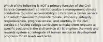 Which of the following is NOT a primary function of the Civil Service Commission? a.) Institutionalize a management climate conductive to public accountability b.) Establish a career service and adopt measures to promote morale, efficiency, integrity, responsiveness, progressiveness, and courtesy in the civil service c.) Review college curriculum to make them relevant to specific positions in the civil service d.) Strengthen the merit and rewards system e.) Integrate all human resources development programs for all levels and ranks