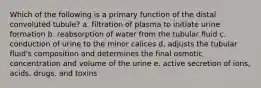 Which of the following is a primary function of the distal convoluted tubule? a. filtration of plasma to initiate urine formation b. reabsorption of water from the tubular fluid c. conduction of urine to the minor calices d. adjusts the tubular fluid's composition and determines the final osmotic concentration and volume of the urine e. active secretion of ions, acids, drugs, and toxins