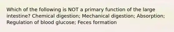 Which of the following is NOT a primary function of the <a href='https://www.questionai.com/knowledge/kGQjby07OK-large-intestine' class='anchor-knowledge'>large intestine</a>? Chemical digestion; Mechanical digestion; Absorption; Regulation of blood glucose; Feces formation