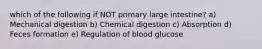 which of the following if NOT primary large intestine? a) Mechanical digestion b) Chemical digestion c) Absorption d) Feces formation e) Regulation of blood glucose