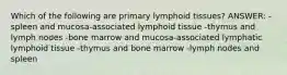 Which of the following are primary lymphoid tissues? ANSWER: -spleen and mucosa-associated lymphoid tissue -thymus and lymph nodes -bone marrow and mucosa-associated lymphatic lymphoid tissue -thymus and bone marrow -lymph nodes and spleen