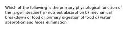 Which of the following is the primary physiological function of the large intestine? a) nutrient absorption b) mechanical breakdown of food c) primary digestion of food d) water absorption and feces elimination