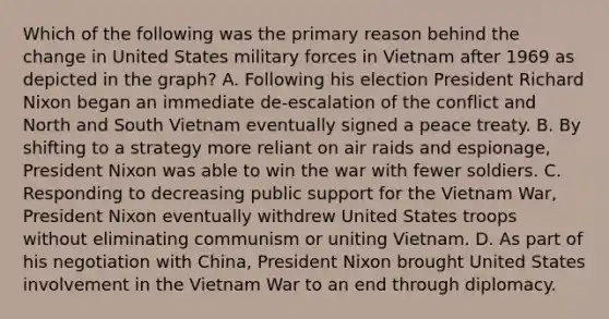 Which of the following was the primary reason behind the change in United States military forces in Vietnam after 1969 as depicted in the graph? A. Following his election President Richard Nixon began an immediate de-escalation of the conflict and North and South Vietnam eventually signed a peace treaty. B. By shifting to a strategy more reliant on air raids and espionage, President Nixon was able to win the war with fewer soldiers. C. Responding to decreasing public support for the Vietnam War, President Nixon eventually withdrew United States troops without eliminating communism or uniting Vietnam. D. As part of his negotiation with China, President Nixon brought United States involvement in the Vietnam War to an end through diplomacy.