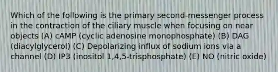 Which of the following is the primary second-messenger process in the contraction of the ciliary muscle when focusing on near objects (A) cAMP (cyclic adenosine monophosphate) (B) DAG (diacylglycerol) (C) Depolarizing influx of sodium ions via a channel (D) IP3 (inositol 1,4,5-trisphosphate) (E) NO (nitric oxide)