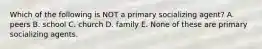 Which of the following is NOT a primary socializing agent? A. peers B. school C. church D. family E. None of these are primary socializing agents.