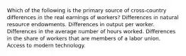 Which of the following is the primary source of cross-country differences in the real earnings of workers? Differences in natural resource endowments. Differences in output per worker. Differences in the average number of hours worked. Differences in the share of workers that are members of a labor union. Access to modern technology.