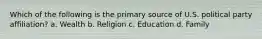 Which of the following is the primary source of U.S. political party affiliation? a. Wealth b. Religion c. Education d. Family