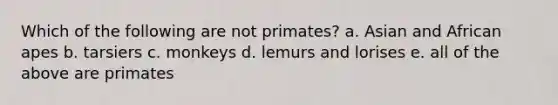 Which of the following are not primates? a. Asian and African apes b. tarsiers c. monkeys d. lemurs and lorises e. all of the above are primates