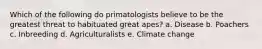 Which of the following do primatologists believe to be the greatest threat to habituated great apes? a. Disease b. Poachers c. Inbreeding d. Agriculturalists e. Climate change