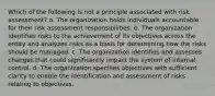 Which of the following is not a principle associated with risk assessment? a. The organization holds individuals accountable for their risk assessment responsibilities. b. The organization identifies risks to the achievement of its objectives across the entity and analyzes risks as a basis for determining how the risks should be managed. c. The organization identifies and assesses changes that could significantly impact the system of internal control. d. The organization specifies objectives with sufficient clarity to enable the identification and assessment of risks relating to objectives.