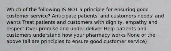 Which of the following IS NOT a principle for ensuring good customer service? Anticipate patients' and customers needs' and wants Treat patients and customers with dignity, empathy and respect Over-promise and under-deliver Help patients and customers understand how your pharmacy works None of the above (all are principles to ensure good customer service)