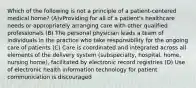 Which of the following is not a principle of a patient-centered medical home? (A)vProviding for all of a patient's healthcare needs or appropriately arranging care with other qualified professionals (B) The personal physician leads a team of individuals in the practice who take responsibility for the ongoing care of patients (C) Care is coordinated and integrated across all elements of the delivery system (subspecialty, hospital, home, nursing home), facilitated by electronic record registries (D) Use of electronic health information technology for patient communication is discouraged