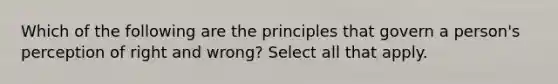 Which of the following are the principles that govern a person's perception of right and wrong? Select all that apply.