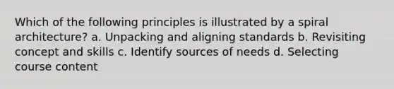 Which of the following principles is illustrated by a spiral architecture? a. Unpacking and aligning standards b. Revisiting concept and skills c. Identify sources of needs d. Selecting course content