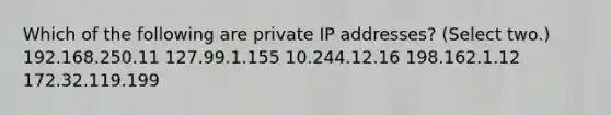 Which of the following are private IP addresses? (Select two.) 192.168.250.11 127.99.1.155 10.244.12.16 198.162.1.12 172.32.119.199