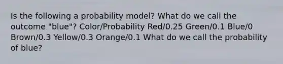 Is the following a probability​ model? What do we call the outcome ​"blue​"? Color/Probability Red/0.25 Green/0.1 Blue/0 Brown/0.3 Yellow/0.3 Orange/0.1 What do we call the probability of blue?