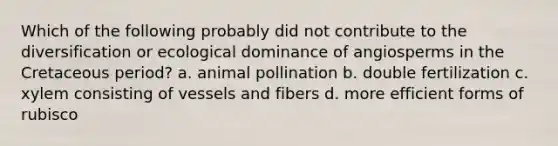 Which of the following probably did not contribute to the diversification or ecological dominance of angiosperms in the Cretaceous period? a. animal pollination b. double fertilization c. xylem consisting of vessels and fibers d. more efficient forms of rubisco