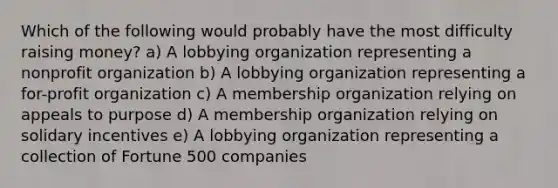 Which of the following would probably have the most difficulty raising money? a) A lobbying organization representing a nonprofit organization b) A lobbying organization representing a for-profit organization c) A membership organization relying on appeals to purpose d) A membership organization relying on solidary incentives e) A lobbying organization representing a collection of Fortune 500 companies