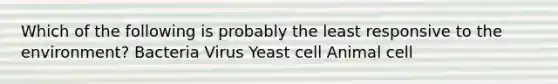 Which of the following is probably the least responsive to the environment? Bacteria Virus Yeast cell Animal cell