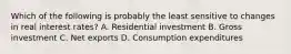 Which of the following is probably the least sensitive to changes in real interest rates? A. Residential investment B. Gross investment C. Net exports D. Consumption expenditures