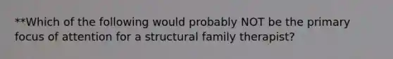 **Which of the following would probably NOT be the primary focus of attention for a structural family therapist?