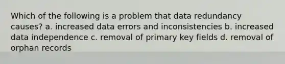 Which of the following is a problem that data redundancy causes? a. increased data errors and inconsistencies b. increased data independence c. removal of primary key fields d. removal of orphan records