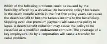 Which of the following problems could be caused by the flexibility offered by a universal life insurance policy? Increases in the death benefit within in the first five policy years can cause the death benefit to become taxable income to the beneficiary. Skipping even one premium payment will cause the policy to lapse. A death benefit reduction may cause the policy to be classified as a modified endowment contract. The coverage of a key employee's life by a corporation will cause a transfer for value problem.