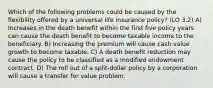 Which of the following problems could be caused by the flexibility offered by a universal life insurance policy? (LO 3.2) A) Increases in the death benefit within the first five policy years can cause the death benefit to become taxable income to the beneficiary. B) Increasing the premium will cause cash value growth to become taxable. C) A death benefit reduction may cause the policy to be classified as a modified endowment contract. D) The roll out of a split-dollar policy by a corporation will cause a transfer for value problem.