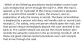 . Which of the following procedures would weaken control over cash receipts that arrive through the mail? A. After the mail is opened, a list (in triplicate) of the money received is prepared with a record of the sender's name, the amount, and an explanation of why the money is sent.B. The bank reconciliation is prepared by a person who does not handle cash or record cash receipts.C. For safety, only one person should open the mail, and that person should immediately deposit the cash received in the bank.D. The cashier should not also be the record keeper who records the amounts received in the accounting records.E. All of these are good internal control procedures over cash receipts that arrive through the mail.