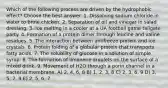 Which of the following process are driven by the hydrophobic effect? Choose the best answer. 1. Dissolving sodium chloride in water to brine chicken. 2. Separation of oil and vinegar in salad dressing. 3. Ice melting in a cooler at a UA football game tailgate party. 4. Formation of a protein dimer through leucine and valine residues. 5. The interaction between antifreeze protein and ice crystals. 6. Protein folding of a globular protein that transports fatty acids. 7. The solubility of glucose in a solution of simple syrup. 8. The formation of limonene droplets on the surface of a mixed drink. 9. Movement of H2O through a porin channel in a bacterial membrane. A) 2, 4, 6, 8 B) 1, 2, 3, 8 C) 2, 3, 6, 9 D) 3, 5, 7, 9 E) 2, 5, 6, 7