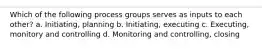 Which of the following process groups serves as inputs to each other? a. Initiating, planning b. Initiating, executing c. Executing, monitory and controlling d. Monitoring and controlling, closing
