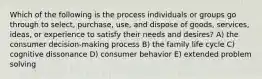 Which of the following is the process individuals or groups go through to select, purchase, use, and dispose of goods, services, ideas, or experience to satisfy their needs and desires? A) the consumer decision-making process B) the family life cycle C) cognitive dissonance D) consumer behavior E) extended problem solving