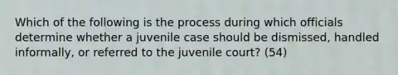 Which of the following is the process during which officials determine whether a juvenile case should be dismissed, handled informally, or referred to the juvenile court? (54)