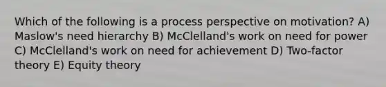 Which of the following is a process perspective on motivation? A) Maslow's need hierarchy B) McClelland's work on need for power C) McClelland's work on need for achievement D) Two-factor theory E) Equity theory