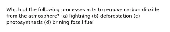 Which of the following processes acts to remove carbon dioxide from the atmosphere? (a) lightning (b) deforestation (c) photosynthesis (d) brining fossil fuel