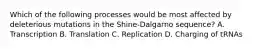 Which of the following processes would be most affected by deleterious mutations in the Shine-Dalgarno sequence? A. Transcription B. Translation C. Replication D. Charging of tRNAs