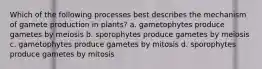 Which of the following processes best describes the mechanism of gamete production in plants? a. gametophytes produce gametes by meiosis b. sporophytes produce gametes by meiosis c. gametophytes produce gametes by mitosis d. sporophytes produce gametes by mitosis