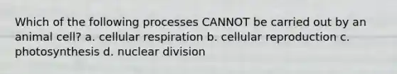 Which of the following processes CANNOT be carried out by an animal cell? a. cellular respiration b. cellular reproduction c. photosynthesis d. nuclear division
