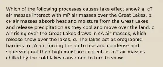 Which of the following processes causes lake effect snow? a. cT air masses interact with mP air masses over the Great Lakes. b. cP air masses absorb heat and moisture from the Great Lakes and release precipitation as they cool and move over the land. c. Air rising over the Great Lakes draws in cA air masses, which release snow over the lakes. d. The lakes act as orographic barriers to cA air, forcing the air to rise and condense and squeezing out their high moisture content. e. mT air masses chilled by the cold lakes cause rain to turn to snow.