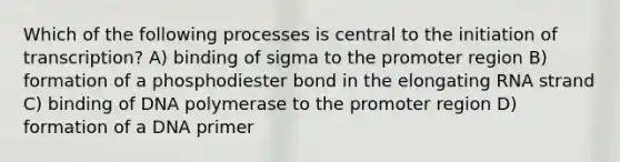 Which of the following processes is central to the initiation of transcription? A) binding of sigma to the promoter region B) formation of a phosphodiester bond in the elongating RNA strand C) binding of DNA polymerase to the promoter region D) formation of a DNA primer